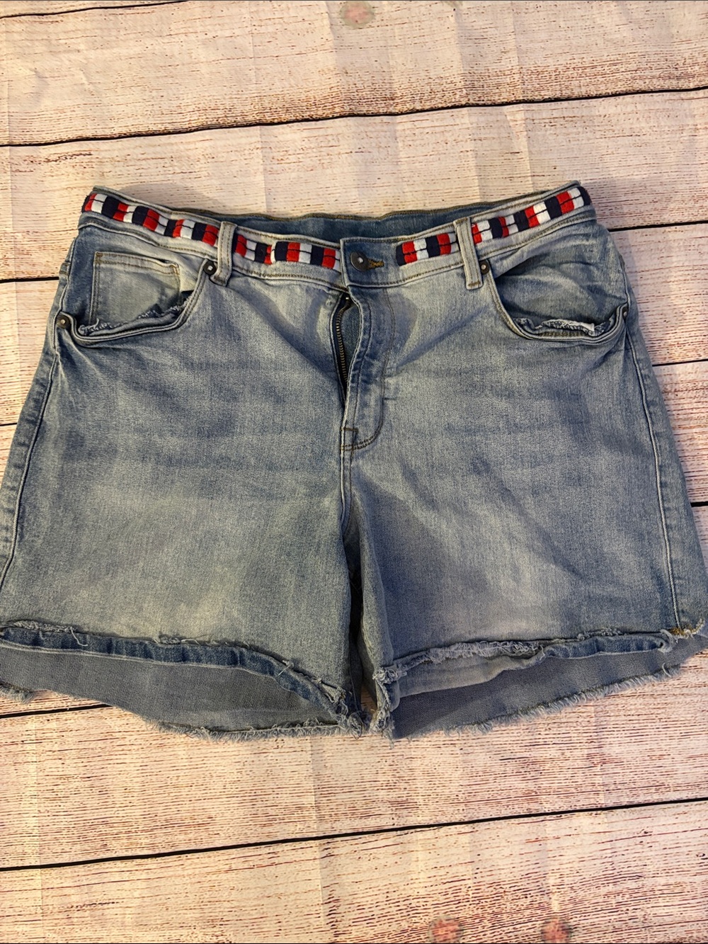VENUS Light Blue Denim Cutoff Shorts with Red, White & Blue Waistband